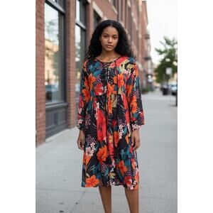 Johnny Was Midi Dress Womens Large Orange Whimsical Hibiscus Floral Tropical